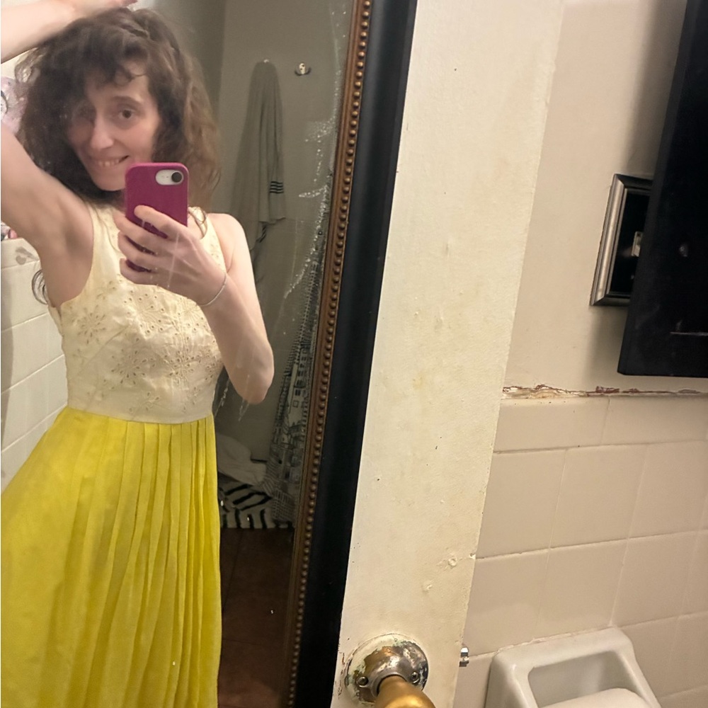 Anthropology Yellow/Chartreuse Pleated Skirt Floral Lace Top Midi Summer Dress -